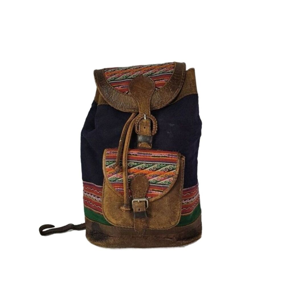 Vintage BHL Leather Ethnic Aztec Woven Wool Backpack